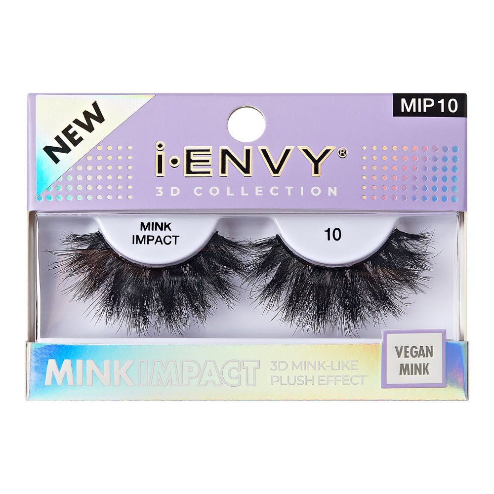 MIP10_main "A single false eyelash. The eyelash is black and features a dramatic, voluminous design with multiple layers of fine, wispy strands. The base of the eyelash is thicker and tapers off into thinner, more delicate tips, creating a full and fluttery appearance. The overall shape is curved to fit the natural contour of the eyelid."