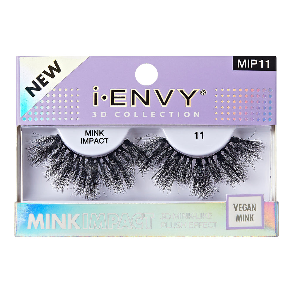 MIP11_main "A single false eyelash. The eyelash is black and features a dramatic, voluminous design with long, wispy fibers. The fibers are densely packed at the base and gradually become more sparse and feathery towards the tips, creating a fluttery and full appearance. The eyelash is curved to fit the natural shape of the eye."