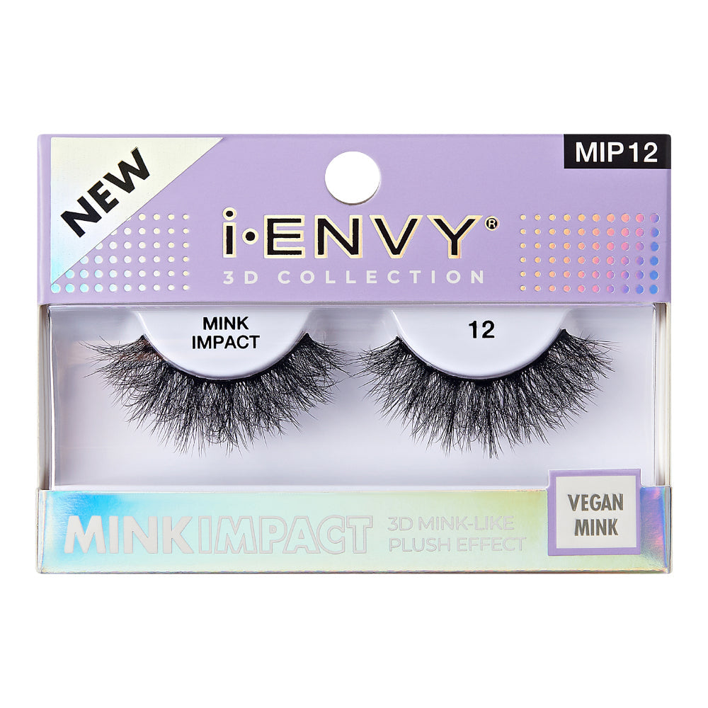 MIP12_main "A single false eyelash. The eyelash is black and features a dramatic, voluminous design with densely packed, wispy fibers. The fibers are longer towards the outer edge, creating a fluttery and full effect. The base of the eyelash is slightly curved to fit the natural contour of the eyelid."