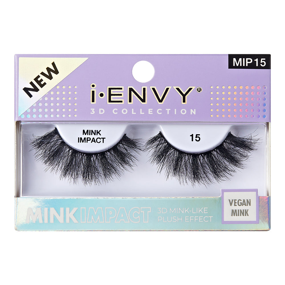 MIP15_main "A single false eyelash. The eyelash is black and has a dramatic, voluminous appearance with long, wispy fibers. The base of the eyelash is curved to fit the natural shape of the eyelid. The fibers are densely packed at the base and gradually become sparser and more feathery towards the tips, creating a fluttery and full look."