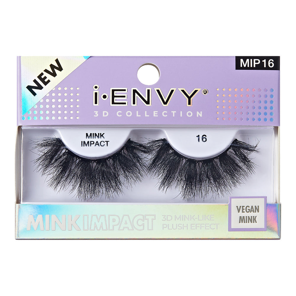 MIP16_main "A single false eyelash. The eyelash is black and features a dramatic, voluminous design with long, wispy fibers. The base of the eyelash is a dark band, which is typically used to adhere the eyelash to the eyelid. The fibers are densely packed near the base and gradually become more sparse and feathery towards the tips, creating a fluttery and full appearance."