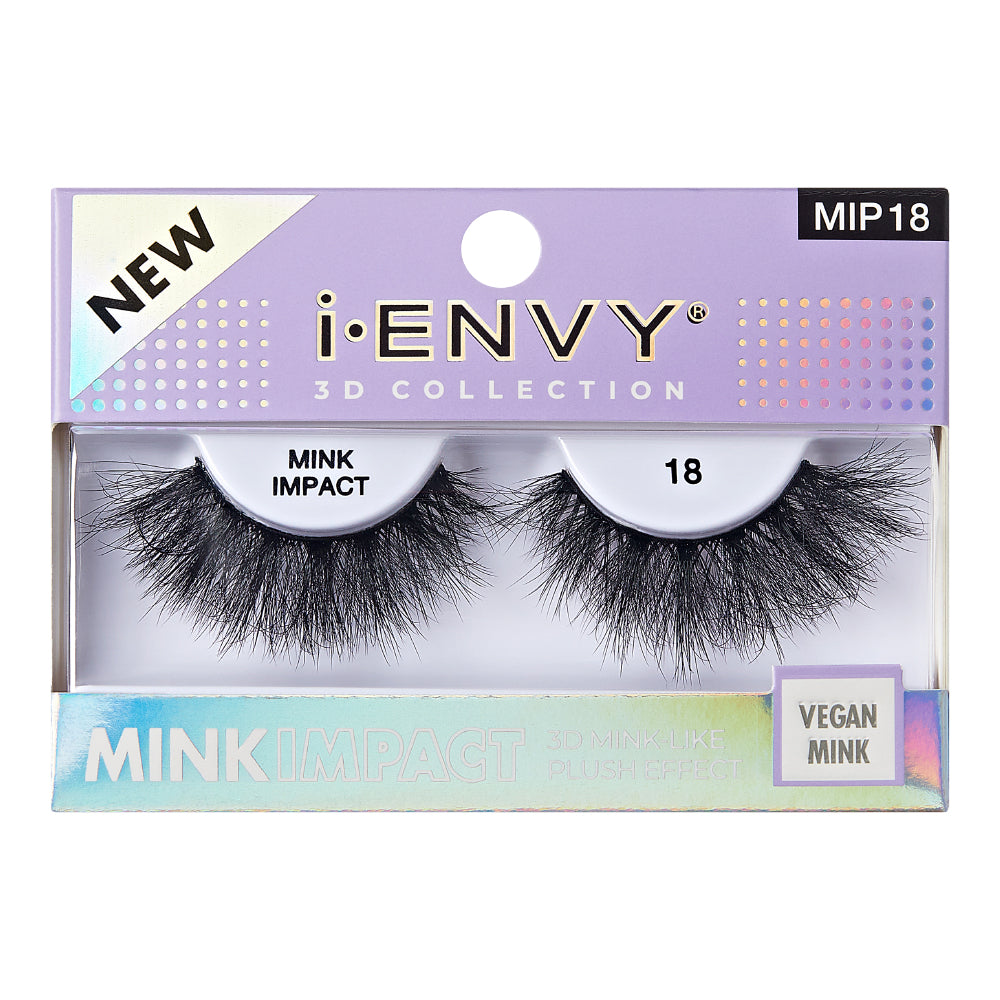 MIP18_main "A single false eyelash. The eyelash is black and features a dramatic, voluminous design with densely packed, wispy fibers. The base of the eyelash is curved to fit the natural shape of the eyelid, and the fibers taper off into finer, more delicate strands towards the tips, creating a fluttery and full appearance."