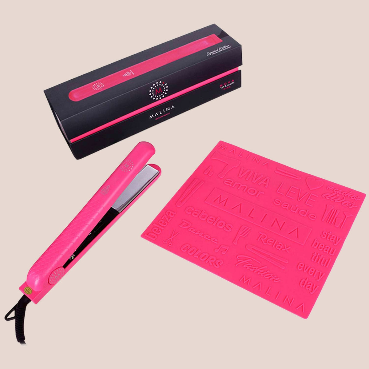 Malina Nova Titanium Flat Iron 1 1/4 Inch, Pink — flat iron with retail box and heat pad