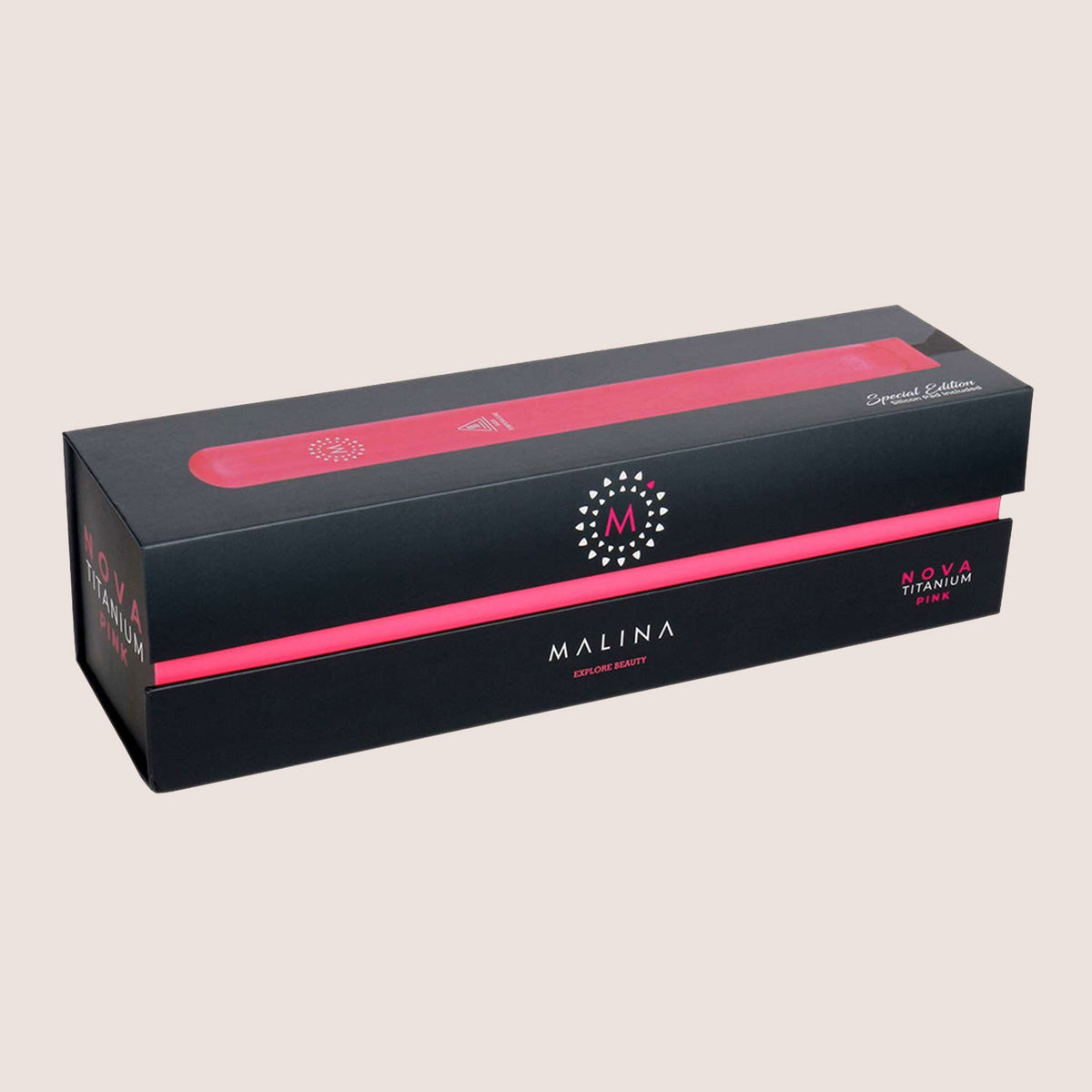 Malina Nova Titanium Flat Iron 1 1/4 Inch, Pink — black and pink retail box