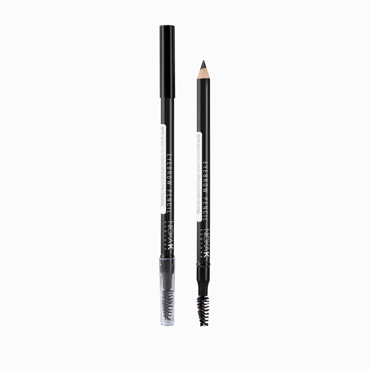 Nicka K Eyebrow Pencil, two pencils showing cap and spoolie