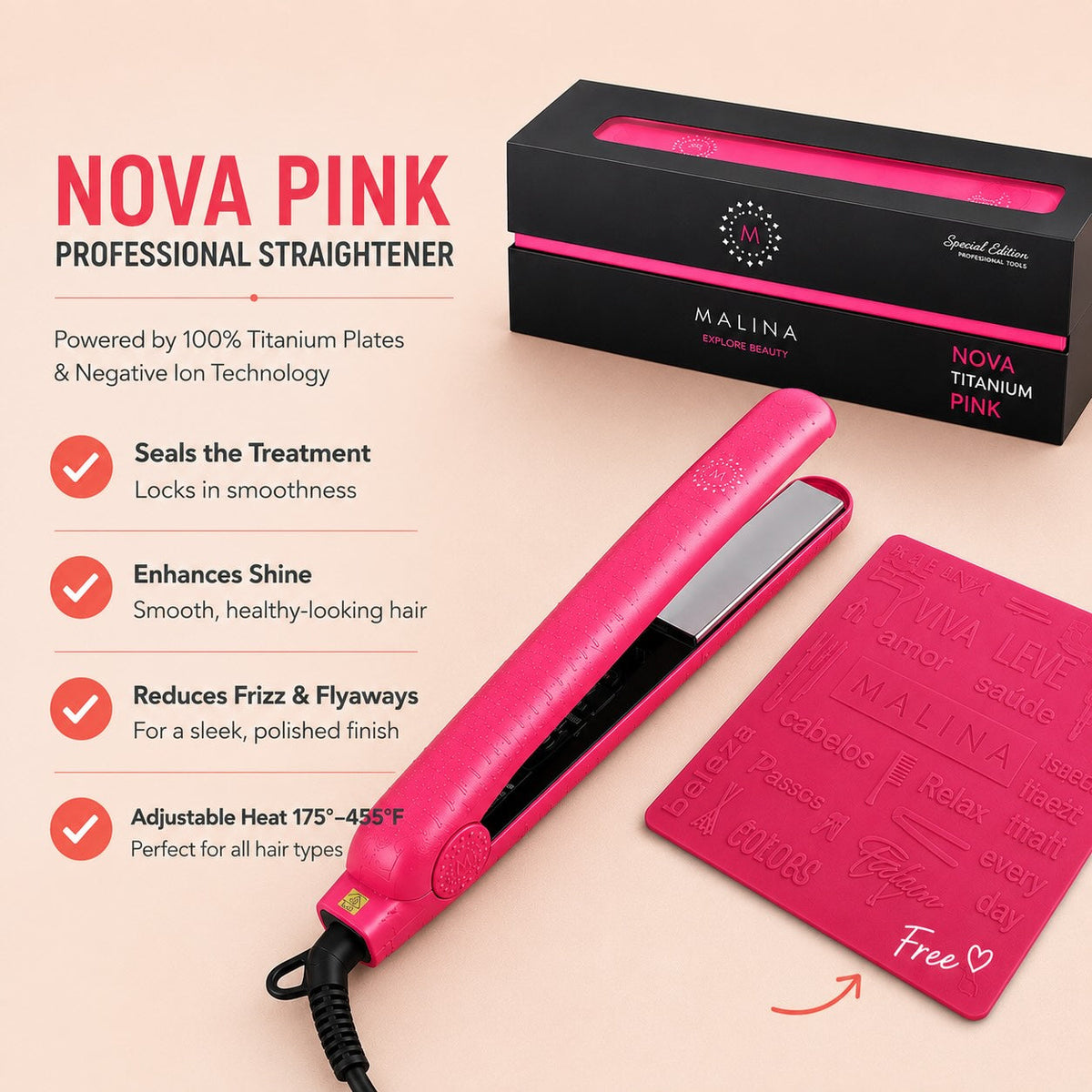 Malina Nova Titanium Flat Iron 1 1/4 Inch, Pink — pink flat iron, box, and heat pad feature graphic