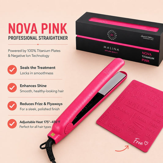 Malina Nova Titanium Flat Iron 1 1/4 Inch, Pink — pink flat iron, box, and heat pad feature graphic