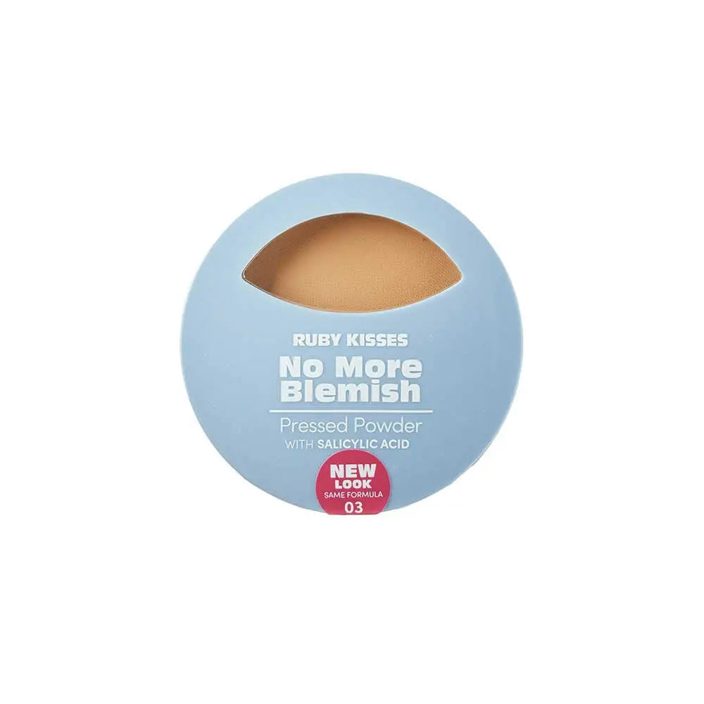 Ruby Kisses No More Blemish Pressed Powder in Golden Glow closed blue compact