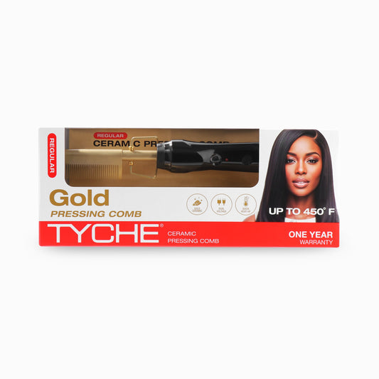 Tyche Gold Ceramic Pressing Comb — pressing comb retail box
