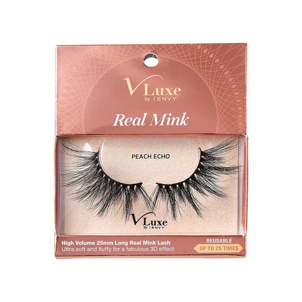 VLEC05_main "A package of false eyelashes from the brand "VLuxe by iEnvy." The product is labeled as "Real Mink" and the style is named "Peach Echo." The packaging is predominantly a soft pink color with a decorative pattern at the top."