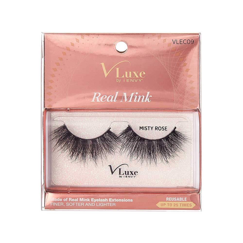 VLEC09_main "A single false eyelash. The eyelash is black and features a dense, voluminous design with long, wispy strands. The individual lashes are arranged in a slightly curved shape, mimicking the natural curve of an eyelid. The base of the eyelash appears to be a thin, flexible strip, which is typically used to adhere the false eyelash to the eyelid. The overall appearance is dramatic and full, suitable for enhancing the look of natural eyelashes."