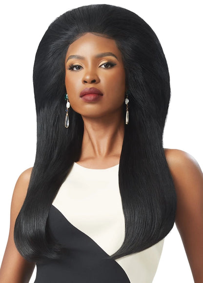 Woman with long black hair wearing a white top and black skirt on a white background