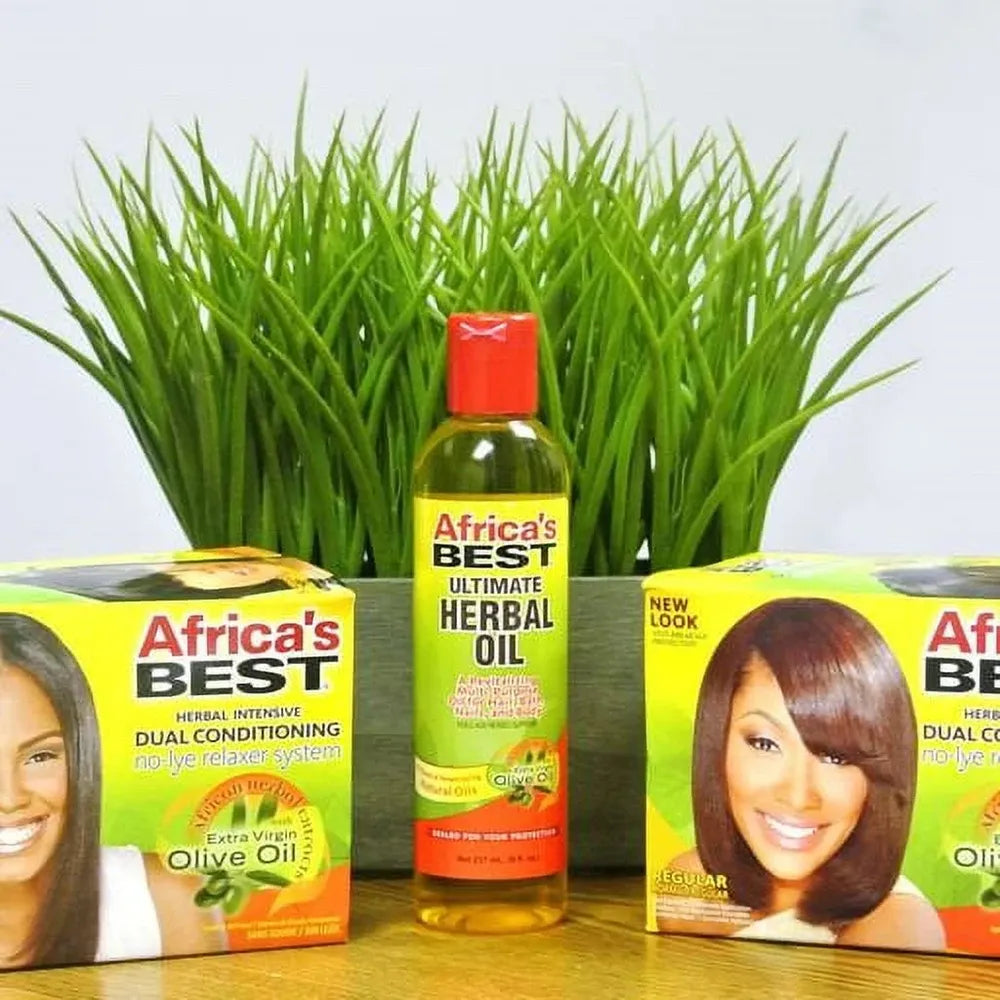 Africa's Best relaxer boxes pictured with separate Ultimate Herbal Oil