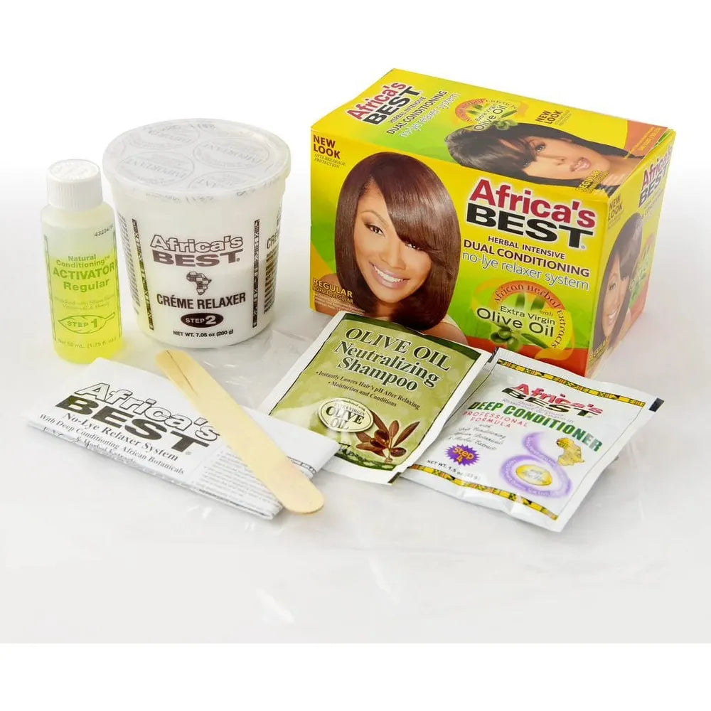 Africa's Best Regular relaxer kit showing creme, activator and sachets