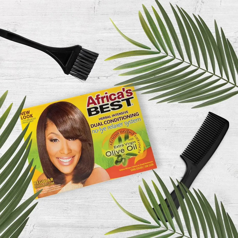 Africa's Best relaxer kit beside a tint brush and comb