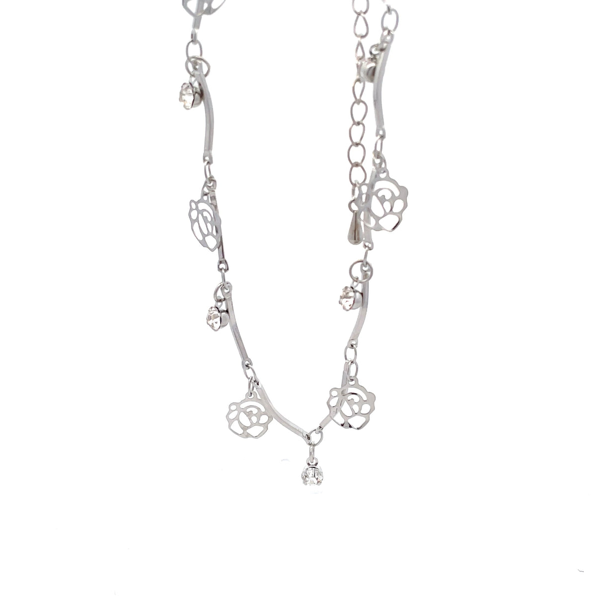 AKS04 – The One silver-tone open flower & clear stone anklet