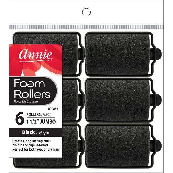 Annie #1065 Jumbo Foam Rollers – Black, 1½", 6-Pack in retail packaging