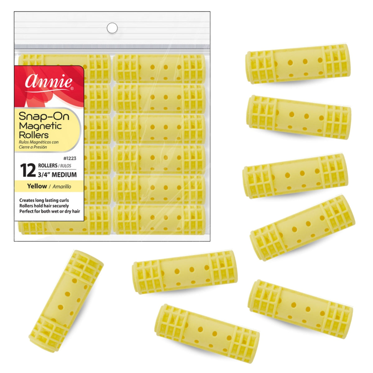 Annie 1223 hair rollers, 3/4" – Yellow, 12 count