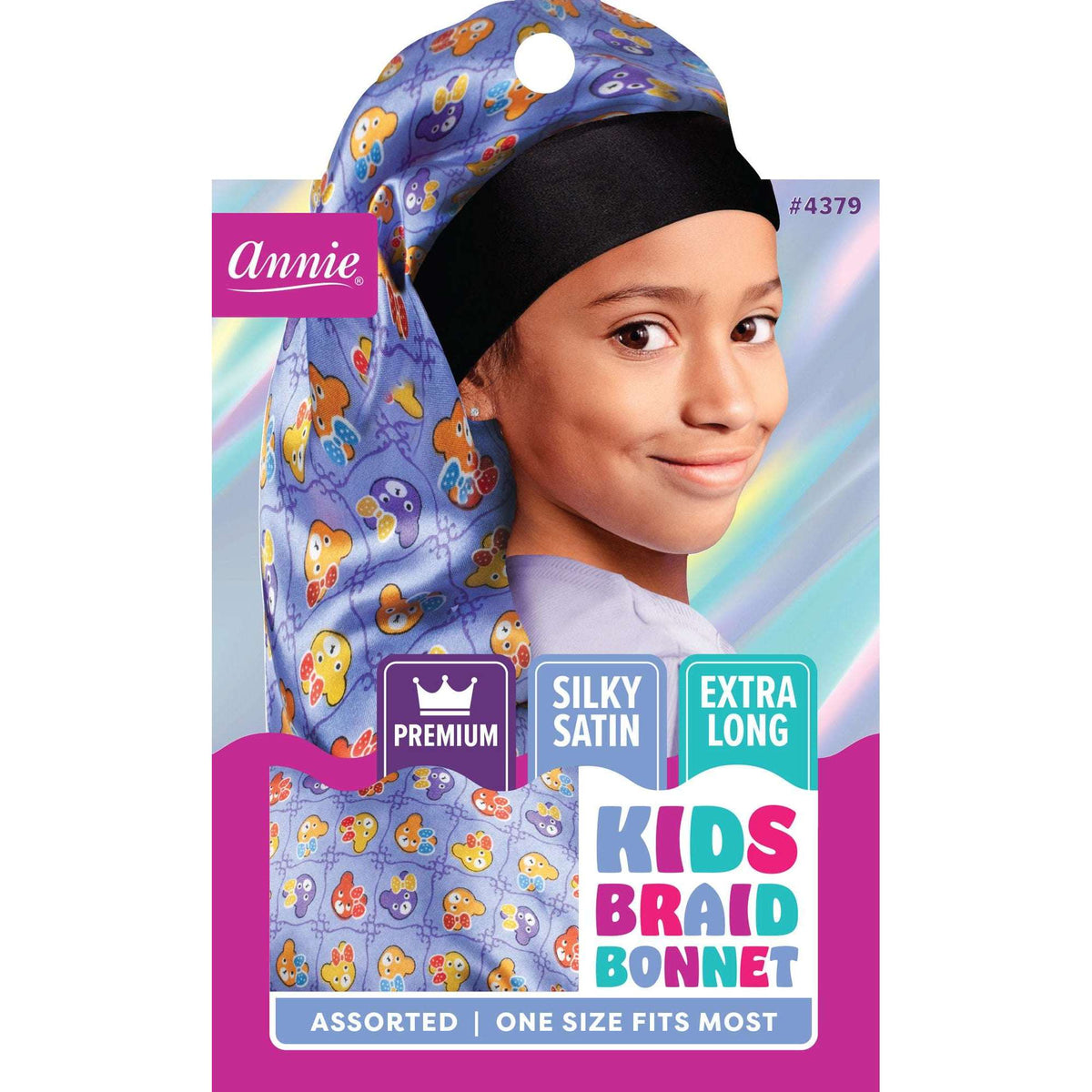 Annie #4379 Kids Extra Long Silky Satin Braid Bonnet package showing Teddy Bear print