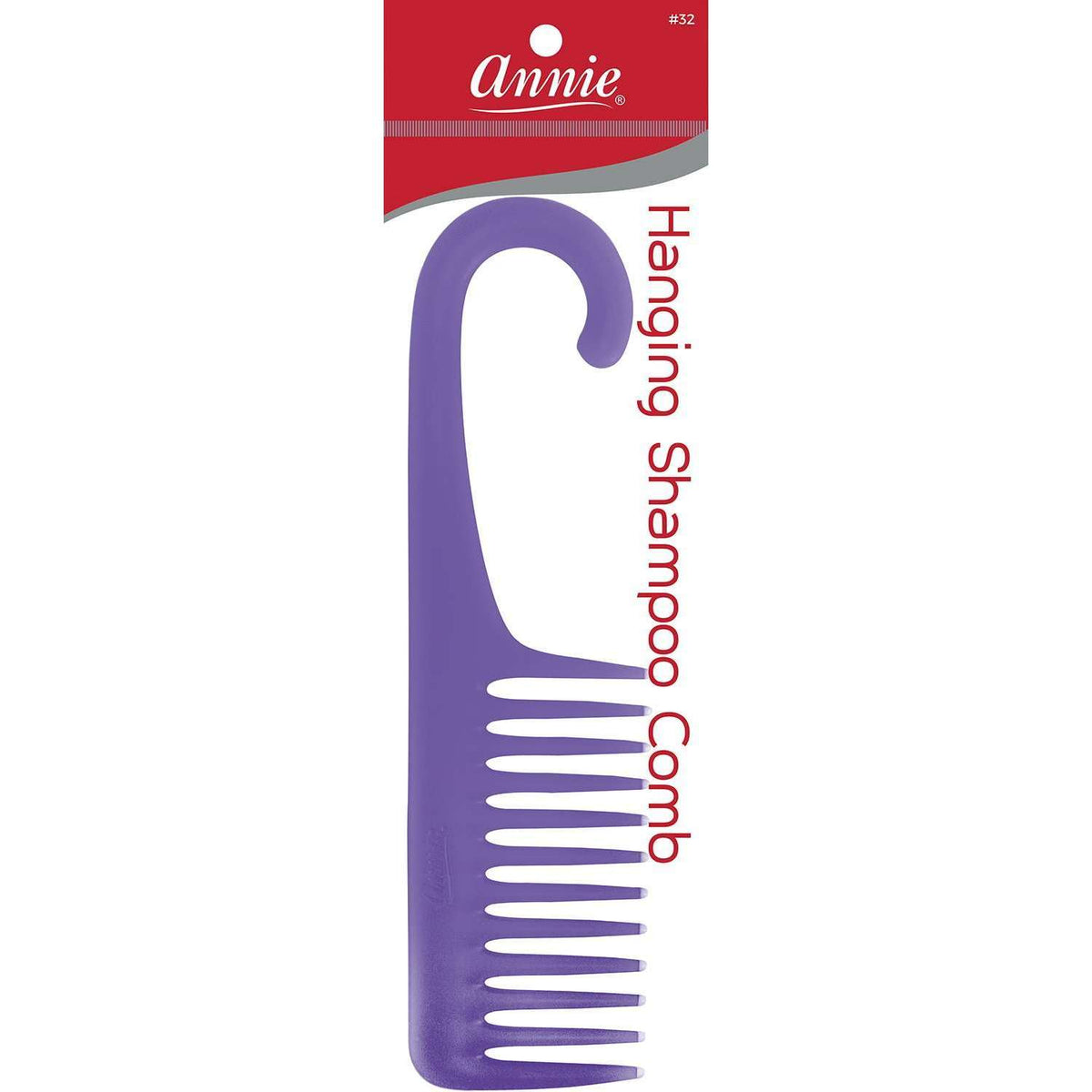 Annie #32 purple hanging shampoo comb with hook handle in retail packaging
