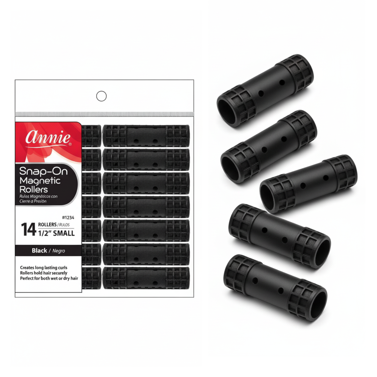 Annie 1234 Black Snap-On Magnetic Rollers, 1/2" Small (14 pcs)