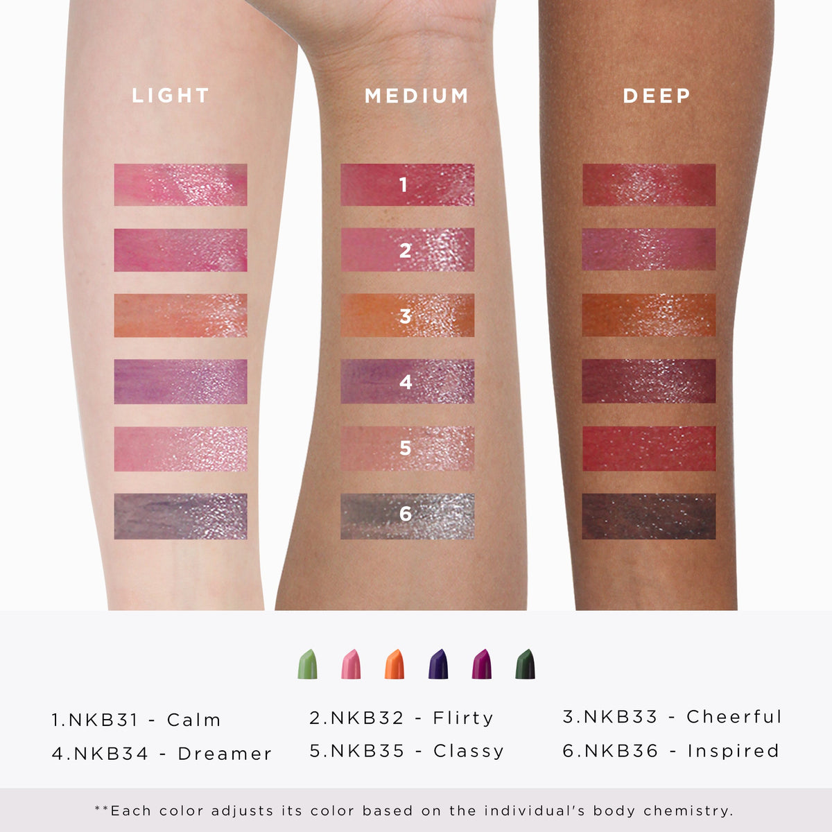 Nicka K Mood Lipstick, six shades swatched on light, medium and deep skin