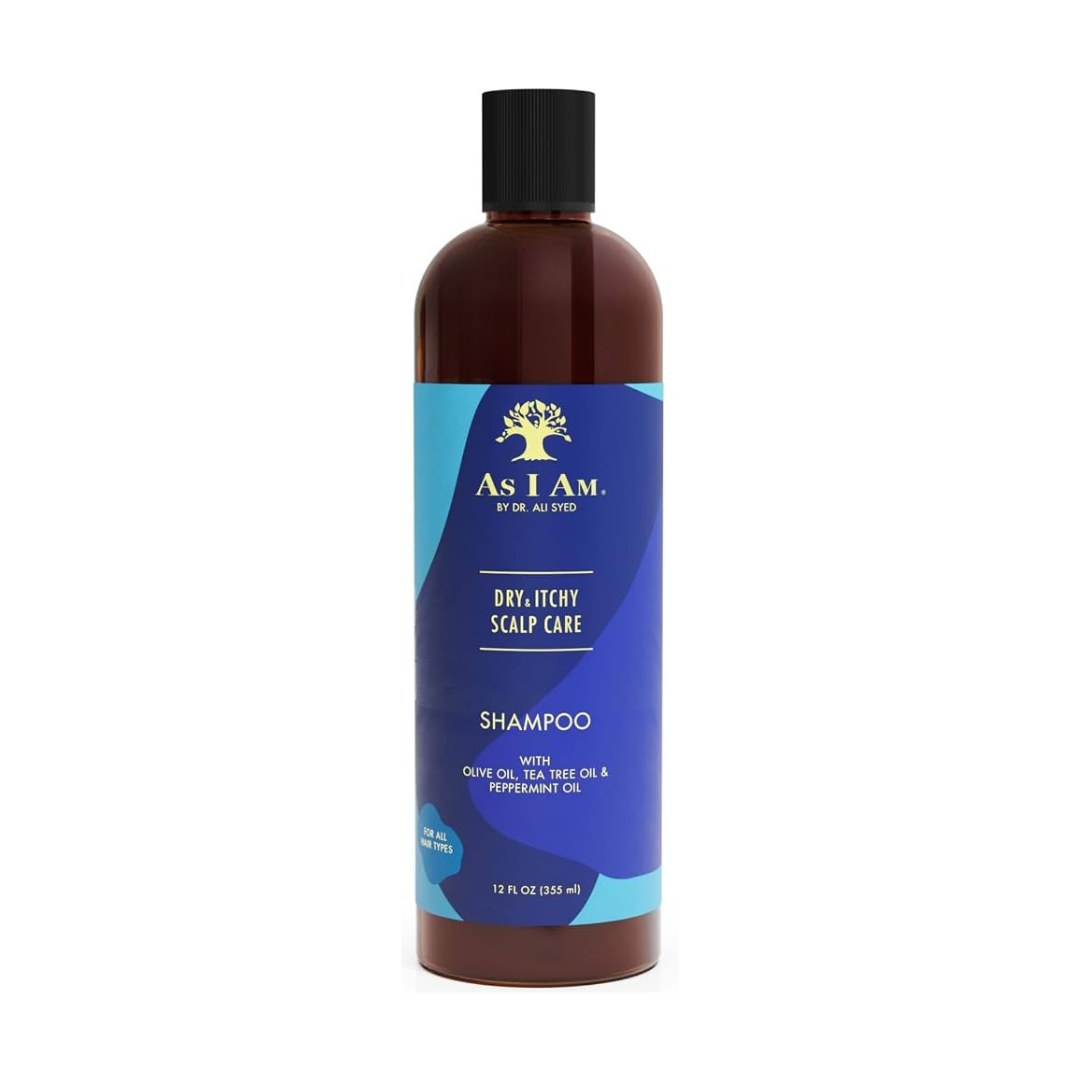 A 12 fl oz bottle of As I Am by Dr. Josiyo Dry, Itchy Scalp Care Shampoo, featuring a dark amber-brown bottle, a black cap, and a blue and purple label with gold and white text.