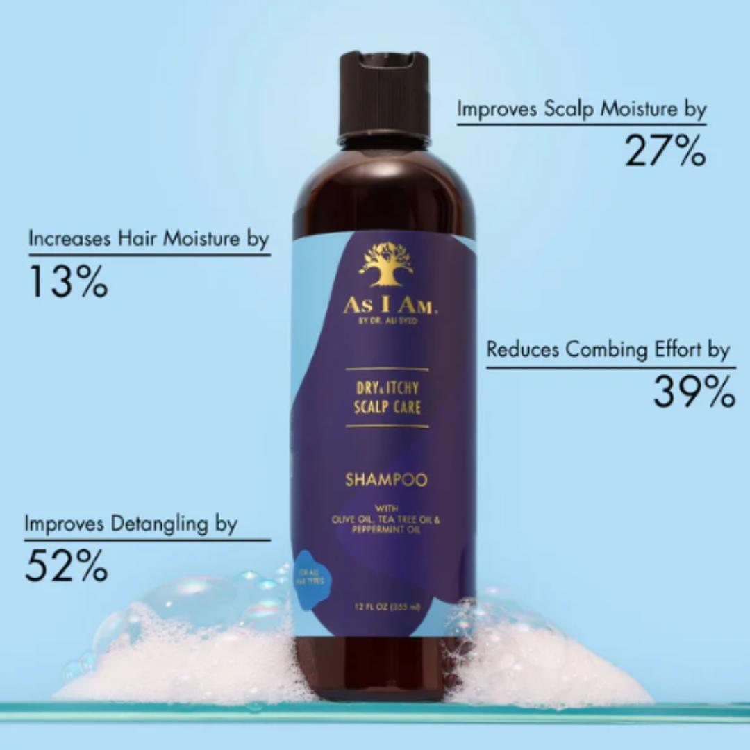A 12 fl oz bottle of As I Am Dry, Itchy Scalp Care Shampoo stands on white foam against a light blue background, surrounded by text callouts highlighting product benefits.