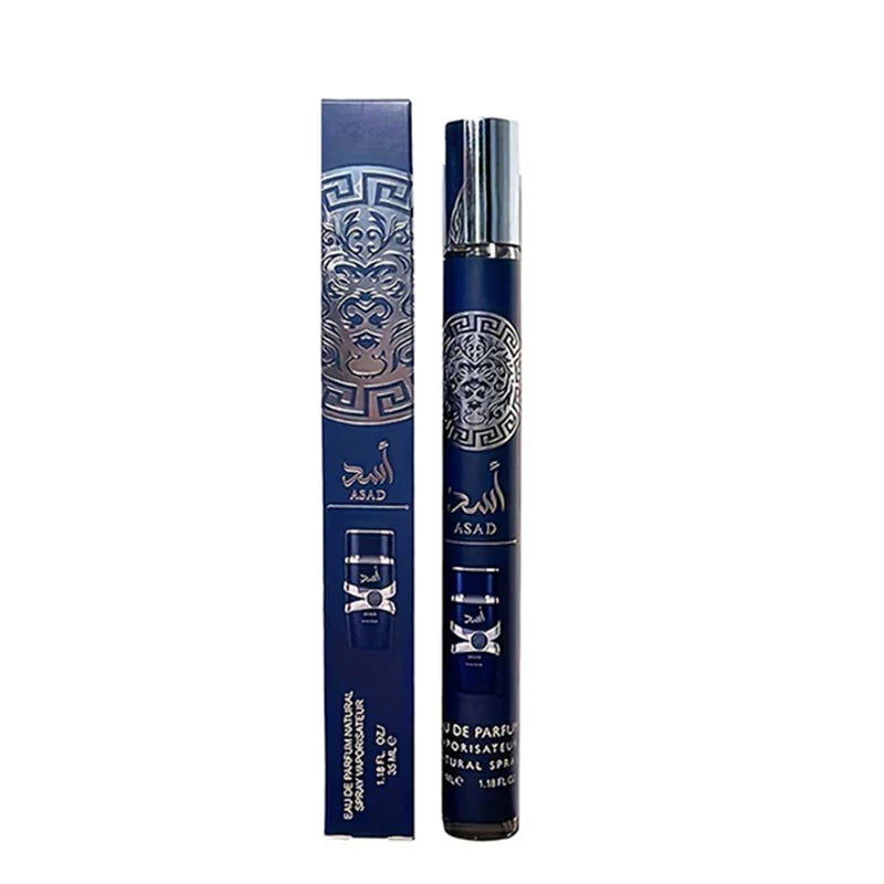 Asad Zanzibar 35 ml travel perfume spray with blue-and-silver bottle and matching box on white background