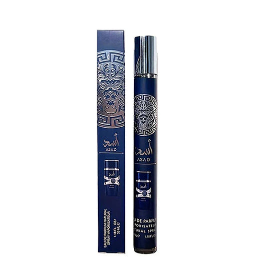 Asad Zanzibar 35 ml travel perfume spray with blue-and-silver bottle and matching box on white background