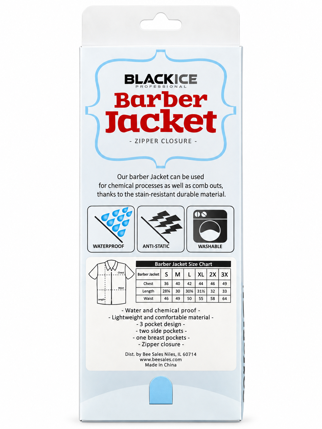 Black Ice Professional Barber Jacket – rear package with size chart