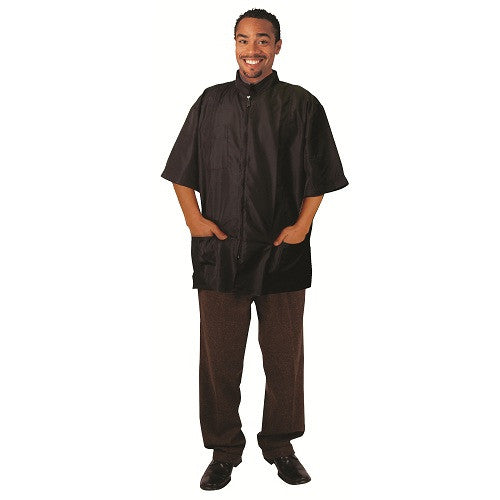 Black Ice Professional black barber jacket shown on model