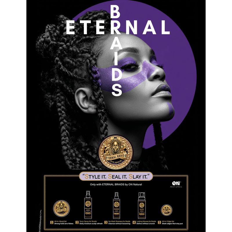 ON Natural Eternal Braids All-in-1 Braid Gel – Braided model with purple makeup and collection