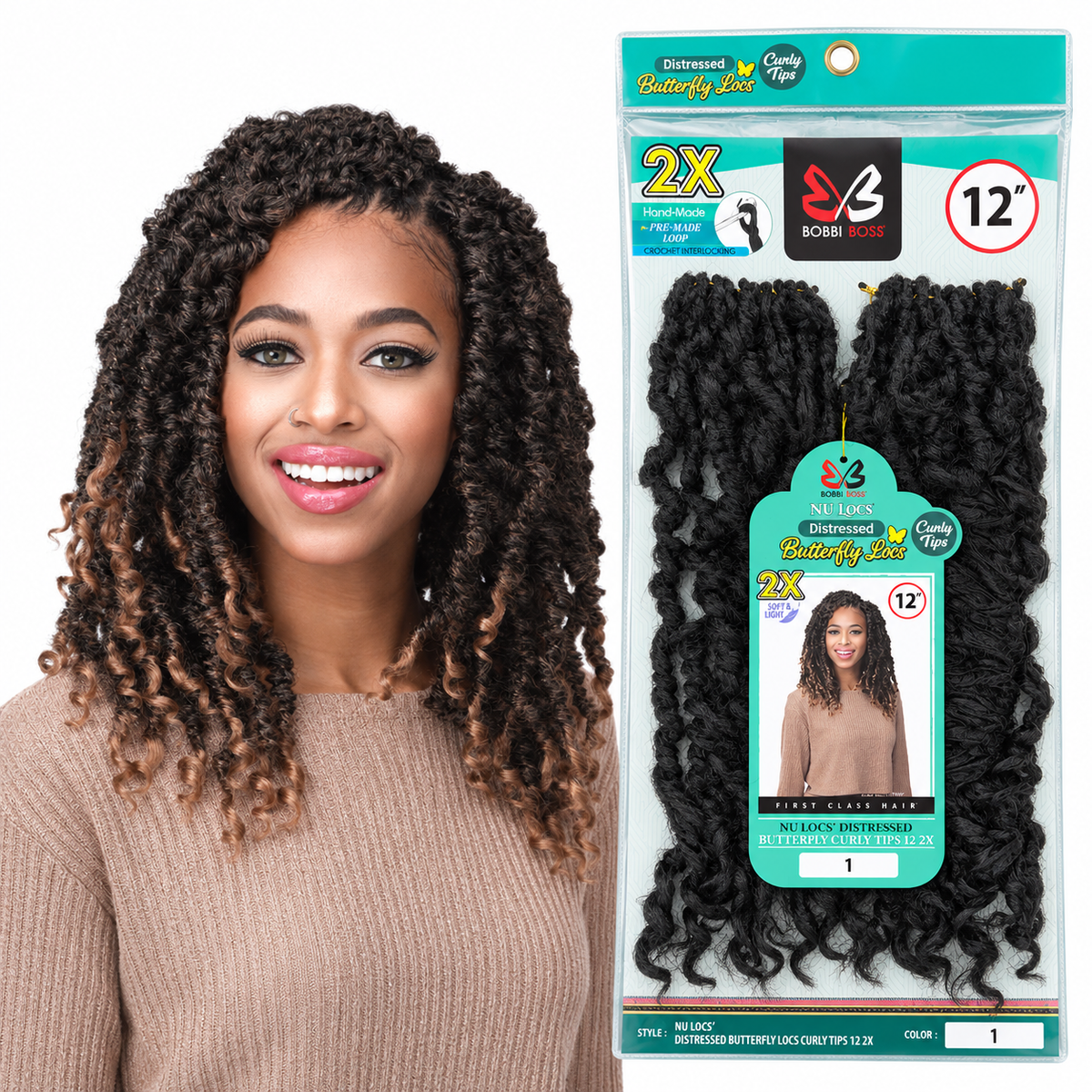 Bobbi Boss 2X Nu Locs Distressed Butterfly Locs Curly Tips 12-inch model and package