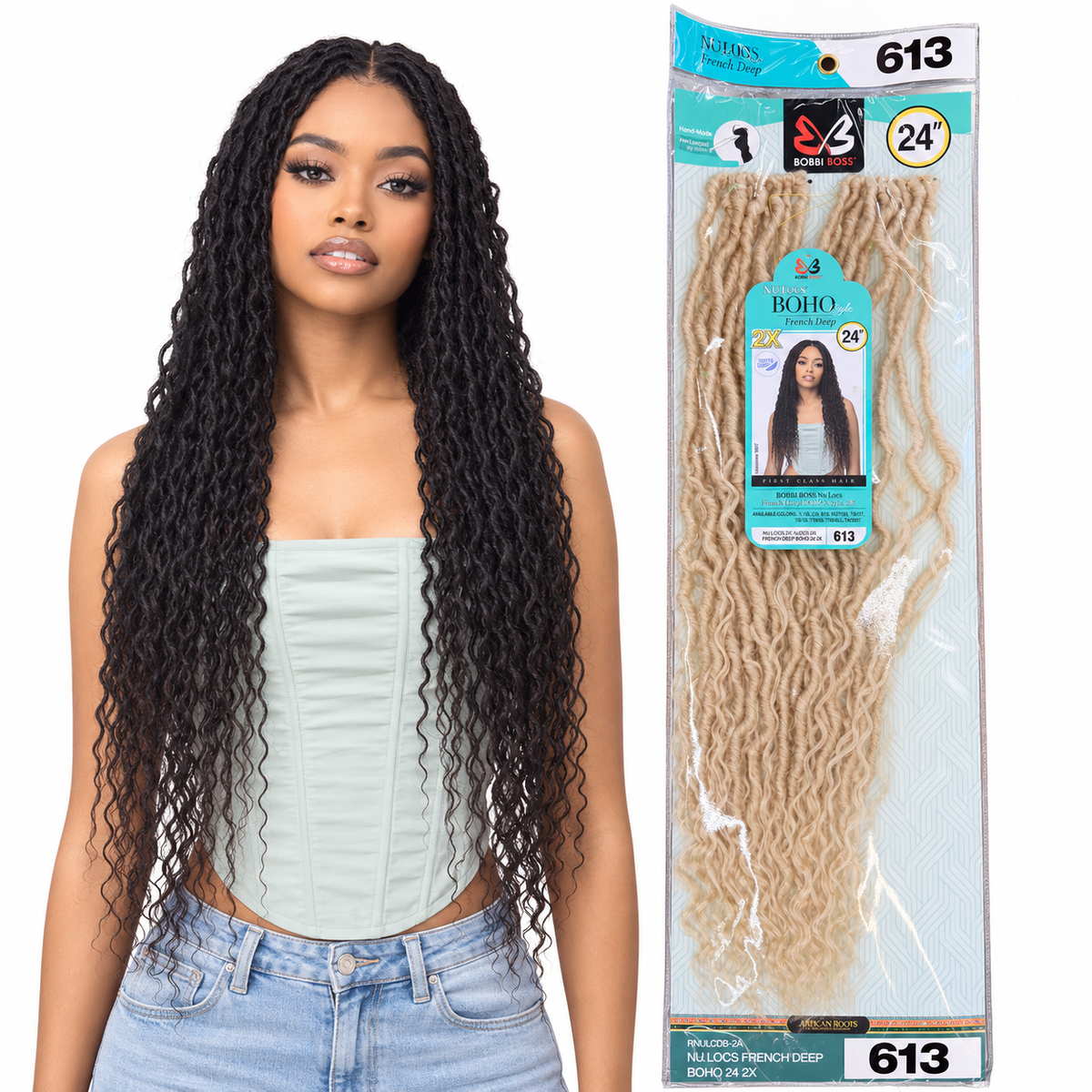 Bobbi Boss Nu Locs 2X French Deep Boho Style 24" model and full package on white background