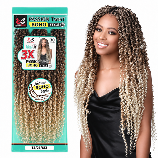 Bobbi Boss 3X Passion Twist Boho Style 18 inch model and retail package in T4/27/613
