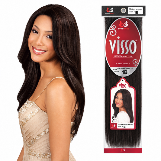 Bobbi Boss Visso Natural Yaky human hair weave with supplier style model and package