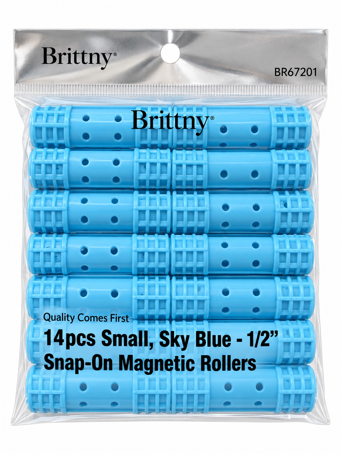 Brittny BR67201 Snap-On Magnetic Rollers – Sky Blue, 1/2", 14-Pack in silver retail packaging