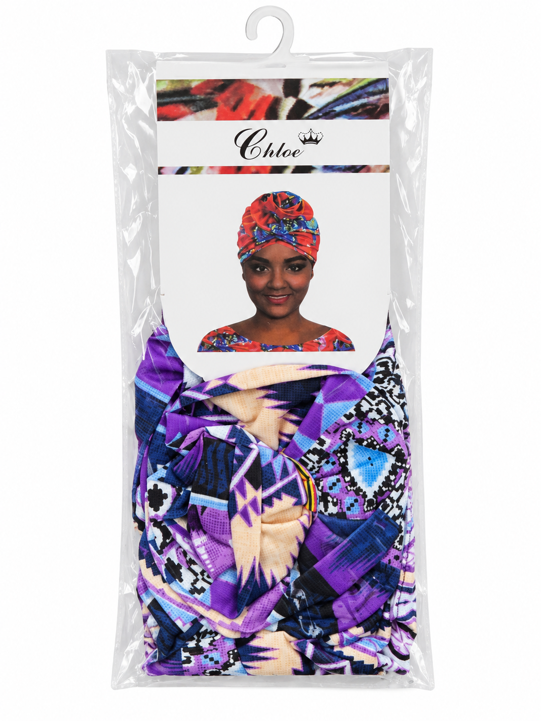 Chloe turban with purple blue and beige geometric print