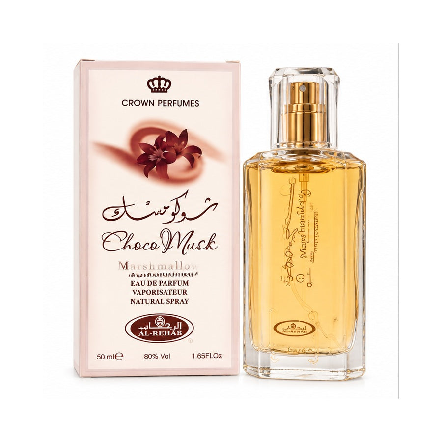 Al-Rehab Choco Musk 50 ml bottle and carton on white background; generated illustration