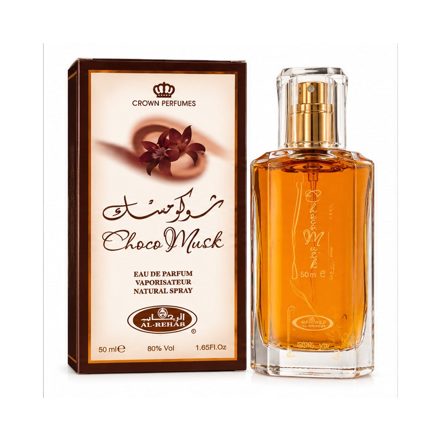 Al-Rehab Choco Musk 50 ml bottle and carton on white background; generated illustration