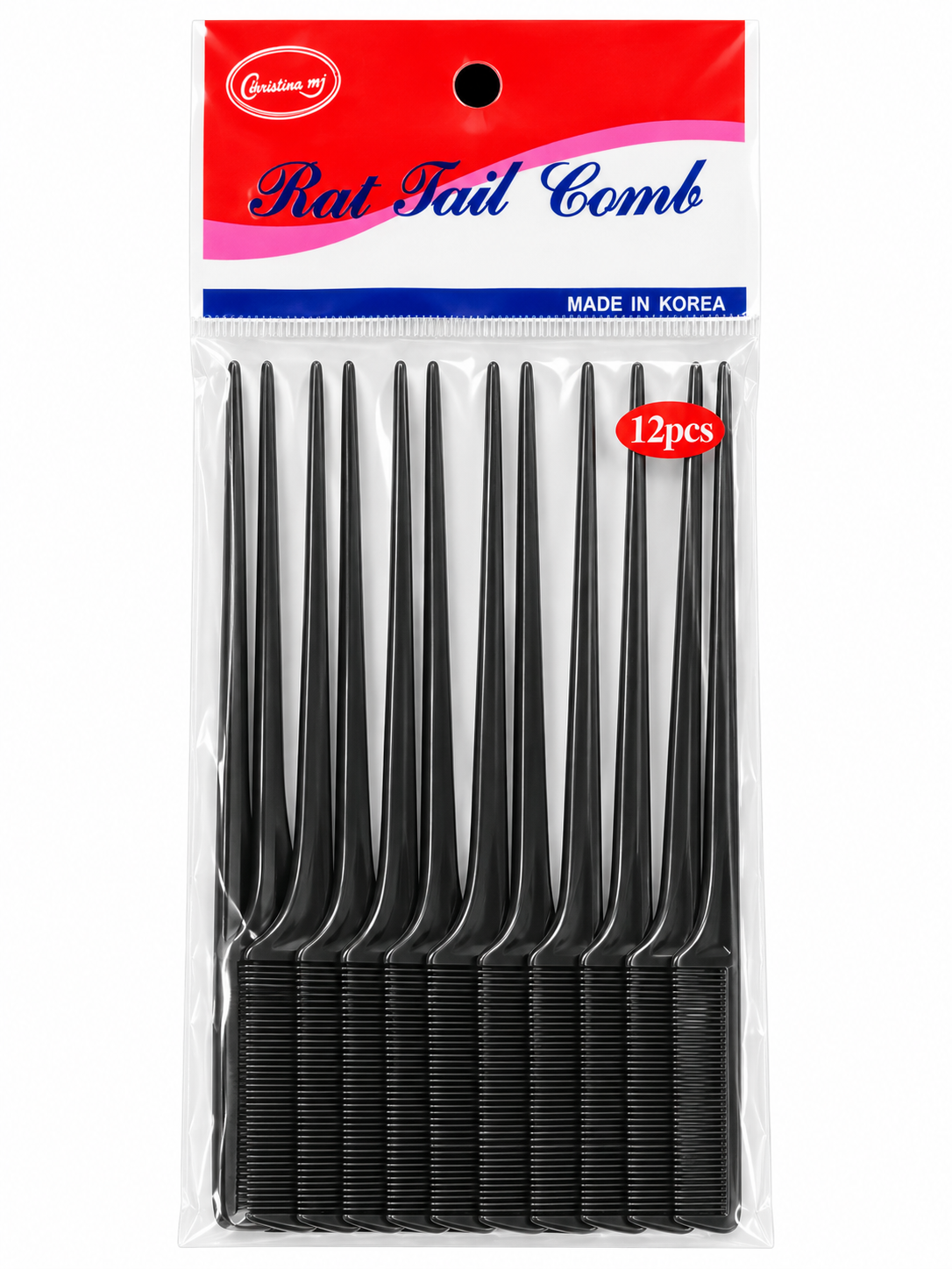 Christina MJ #3101 black rat tail combs, 12-pack