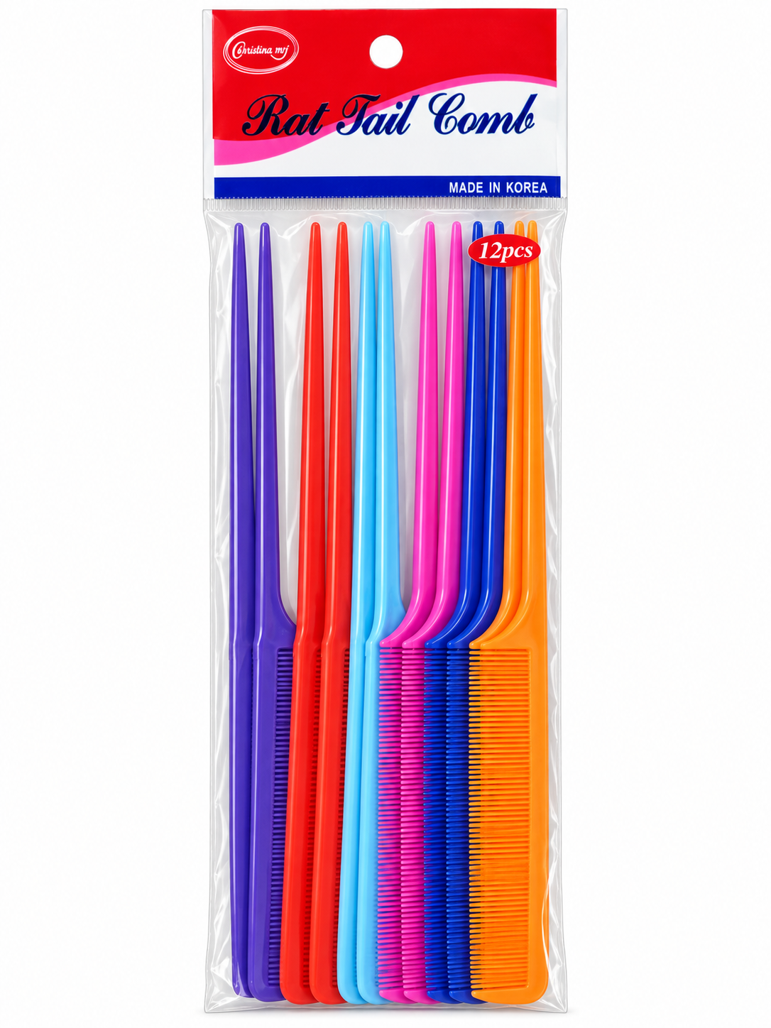 Christina MJ #3103 assorted-color rat tail combs, 12-pack