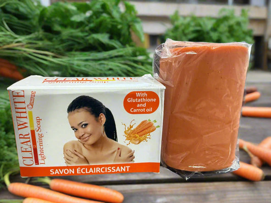 Clear White Glutathione and Carrot soap carton beside the wrapped orange bar