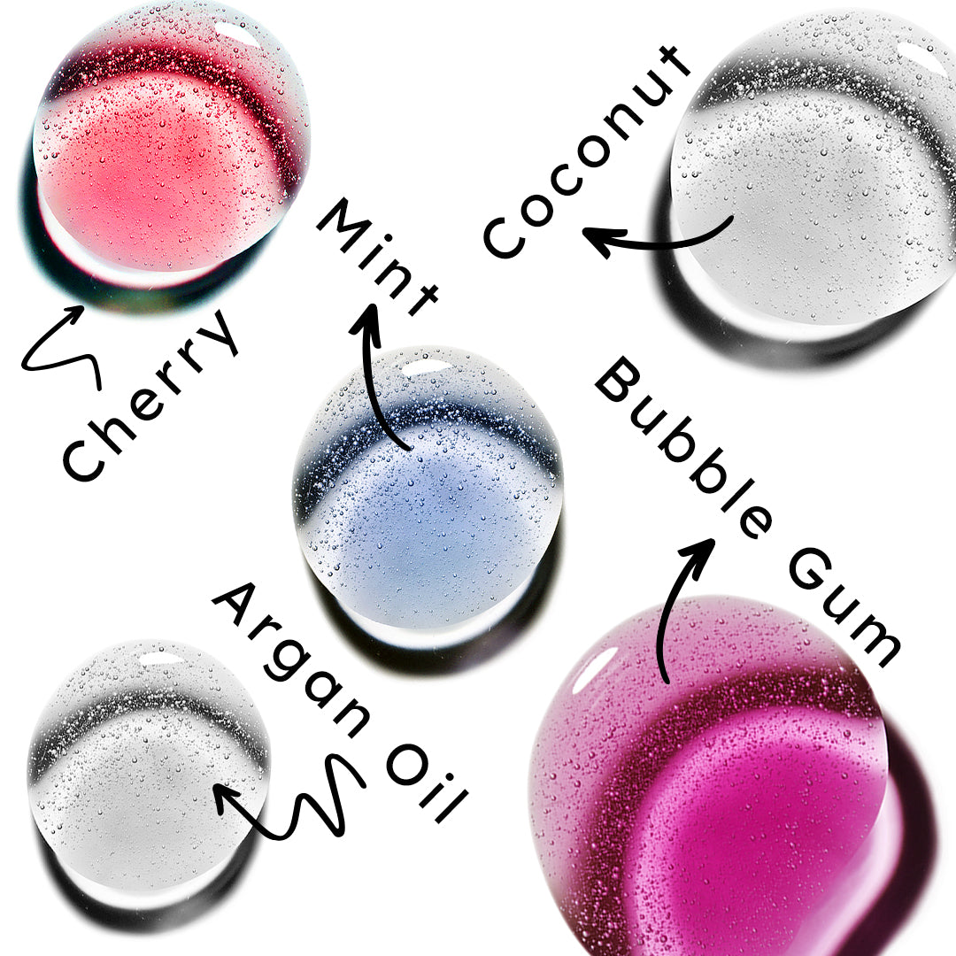 Nicka K Lip Gel, Cherry, Mint, Coconut, Argan Oil and Bubble Gum swatches