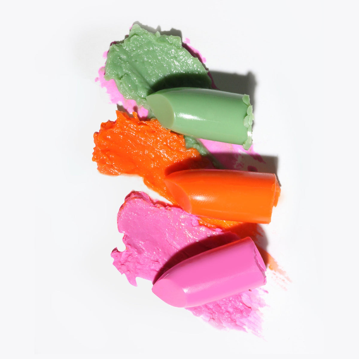 Nicka K Mood Lipstick, green, orange and pink lipstick texture swatches