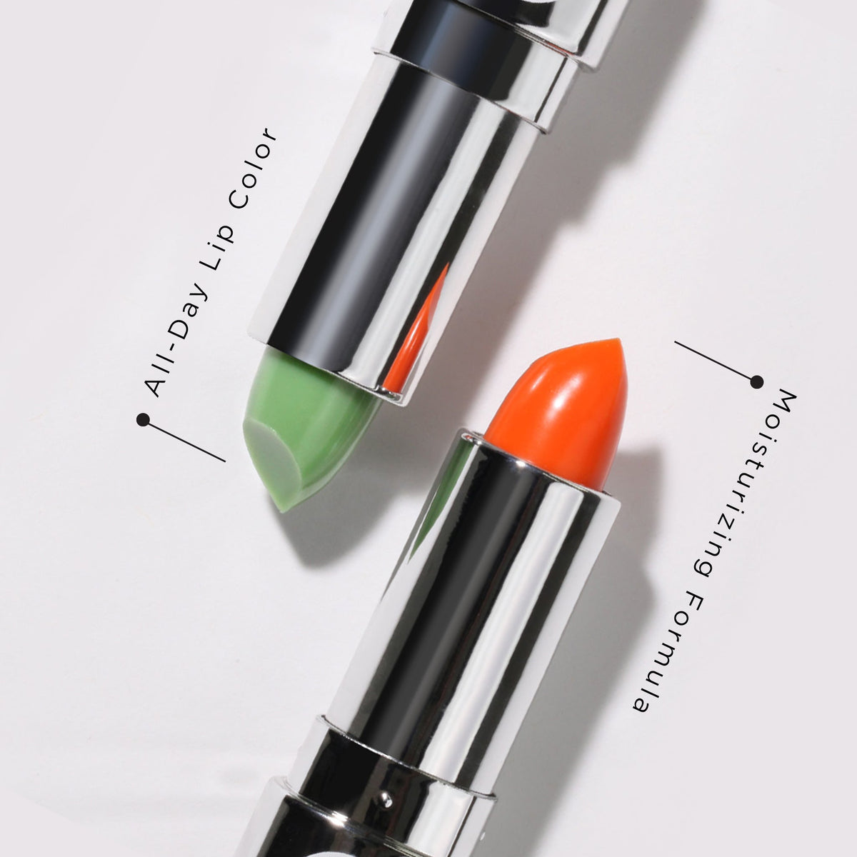 Nicka K Mood Lipstick, green and orange lipstick close-up
