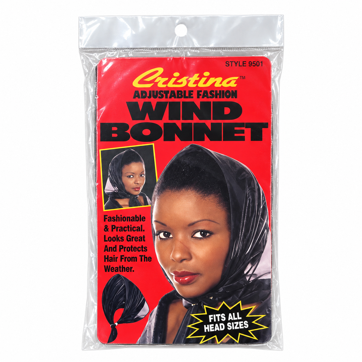 Cristina 9501 Black Adjustable Fashion Wind Bonnet front package