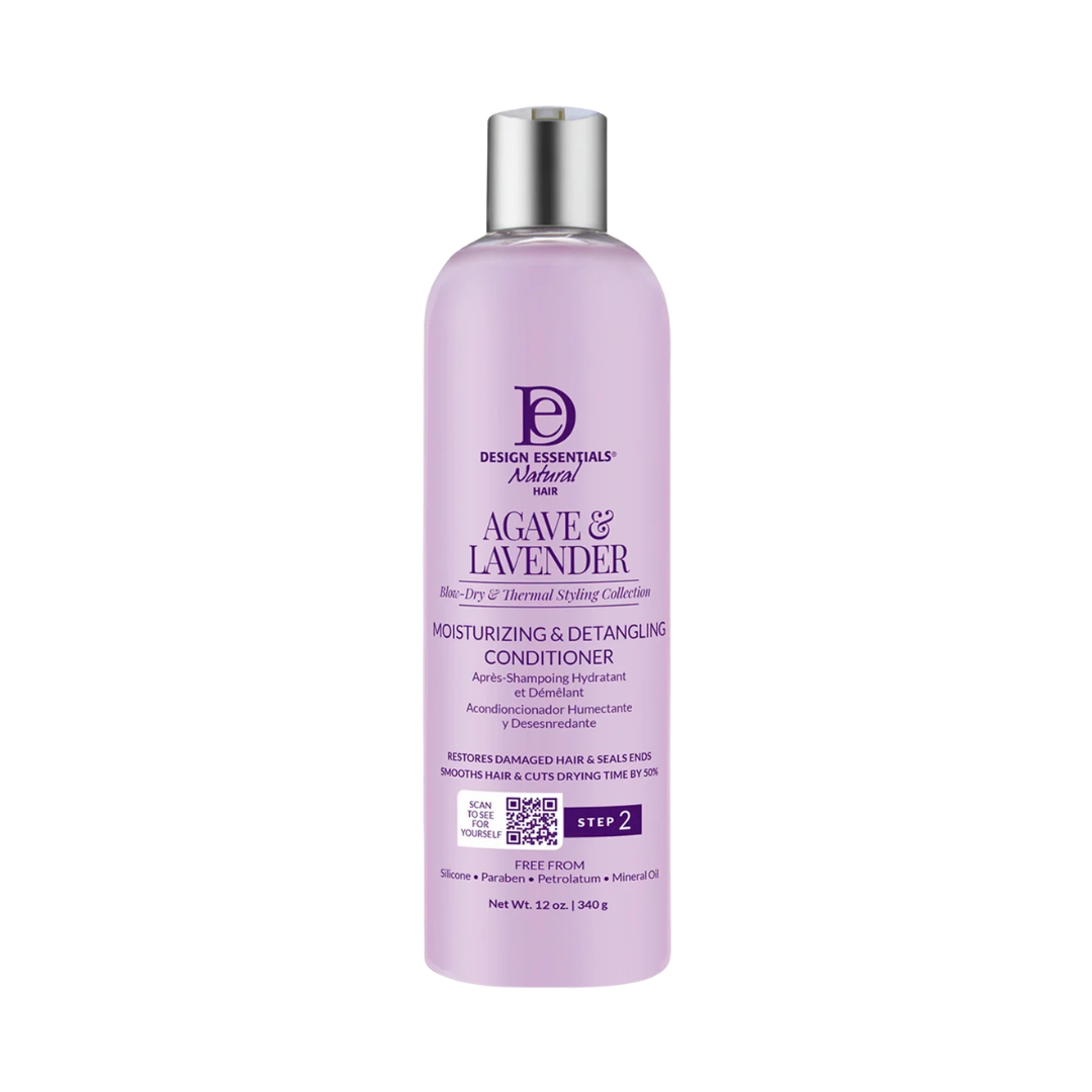 A bottle of Design Essentials Natural Hair Agave & Lavender Moisturizing & Detangling Conditioner, Step 2, in a light lavender bottle with a silver cap, on a white background.
