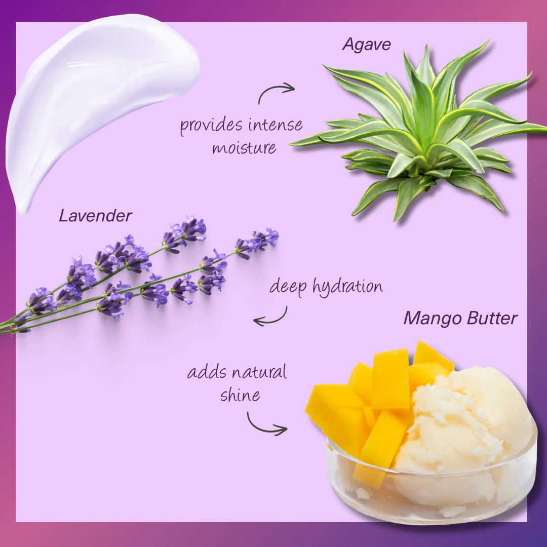 Ingredient infographic for a moisturizing face cream on a lavender background, featuring a scoop of white cream labeled 'provides intense moisture,' an agave plant labeled 'Agave,' lavender sprigs labeled 'Lavender,' and mango butter in a bowl labeled 'Mango Butter.'.